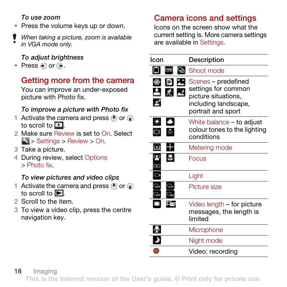 Getting more from the camera, Camera icons and settings | Sony Ericsson Cyber-shot C702 User Manual | Page 20 / 86