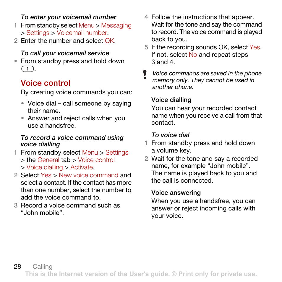 Voice control, Voice control o | Sony Ericsson Cyber-shot C702 User Manual | Page 30 / 86