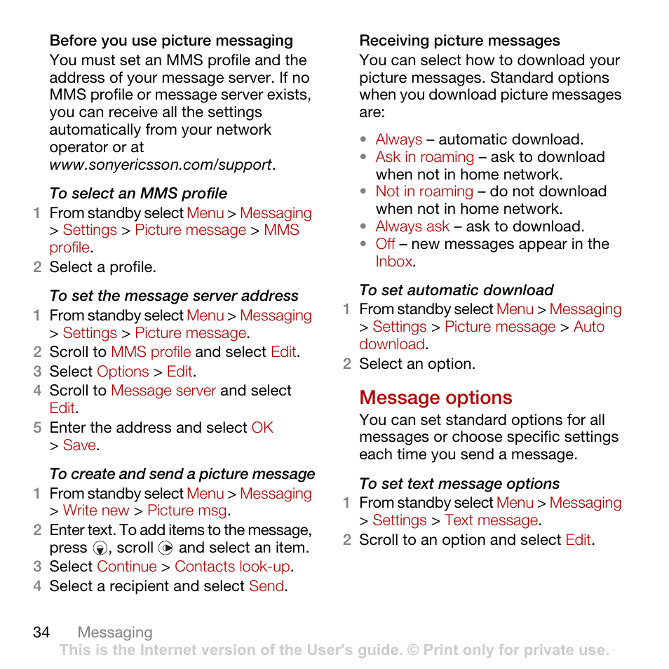 Message options | Sony Ericsson Cyber-shot C702 User Manual | Page 36 / 86