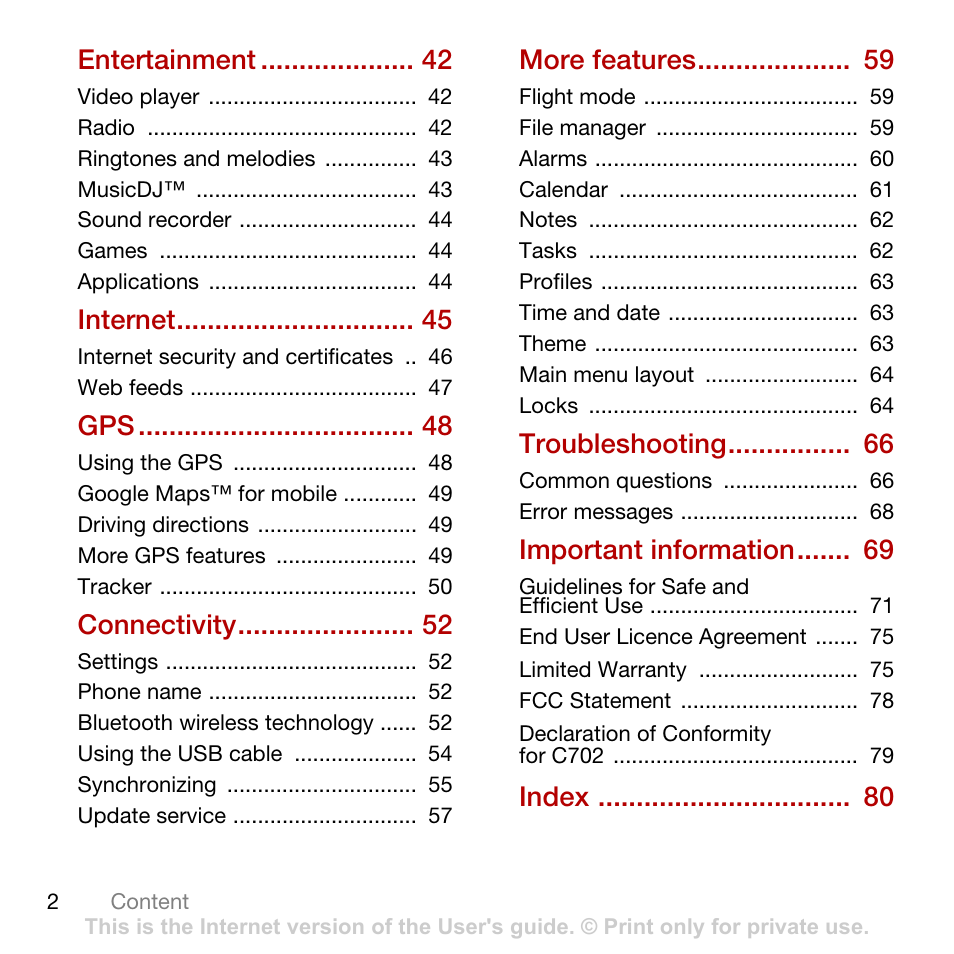 Entertainment, Internet, Connectivity | More features, Troubleshooting, Important information, Index | Sony Ericsson Cyber-shot C702 User Manual | Page 4 / 86