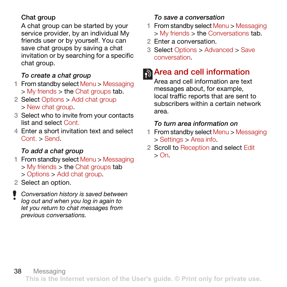 Area and cell information | Sony Ericsson Cyber-shot C702 User Manual | Page 40 / 86