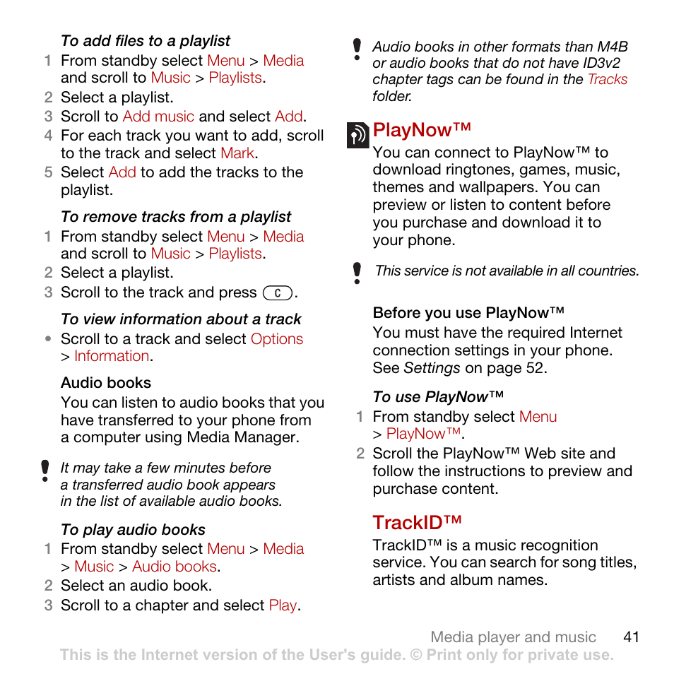 Playnow, Trackid | Sony Ericsson Cyber-shot C702 User Manual | Page 43 / 86