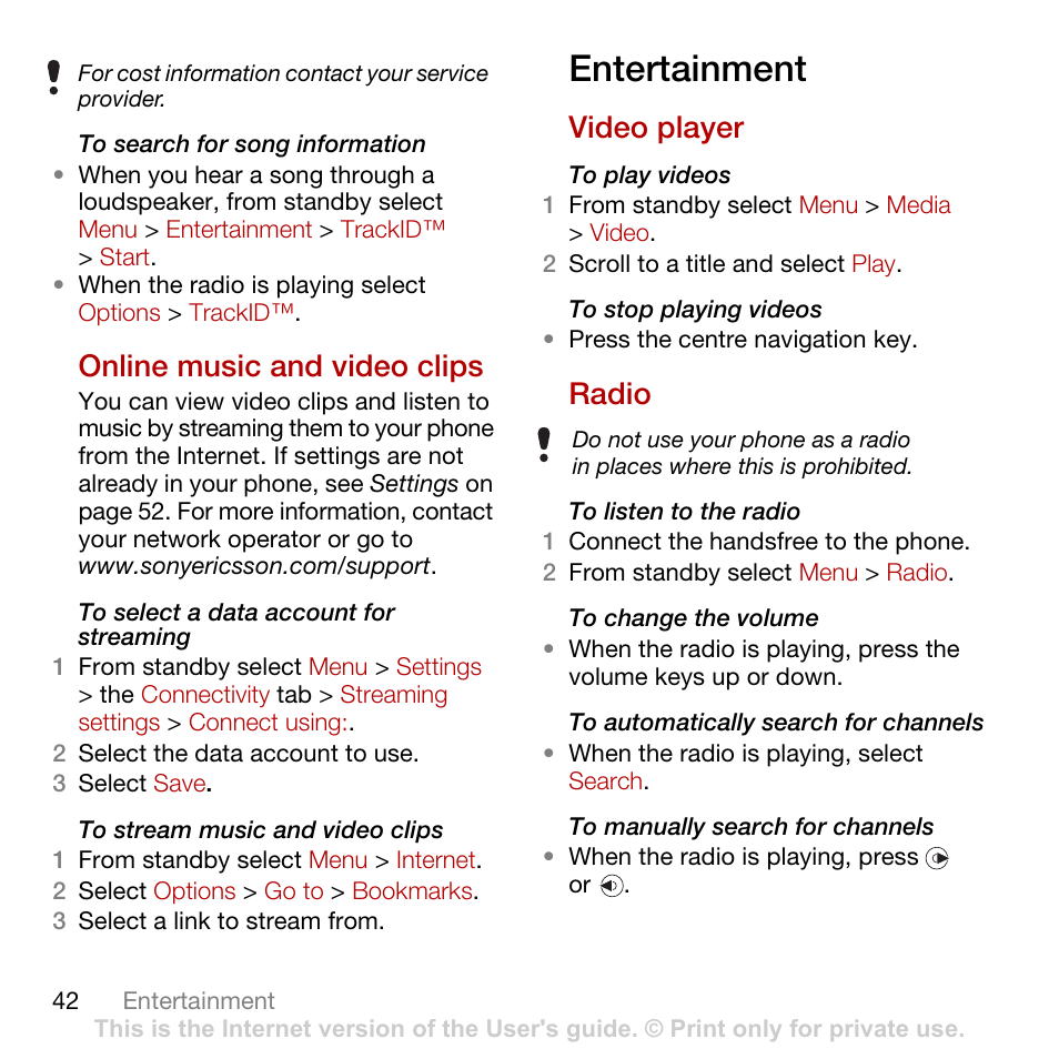 Online music and video clips, Entertainment, Video player | Radio | Sony Ericsson Cyber-shot C702 User Manual | Page 44 / 86