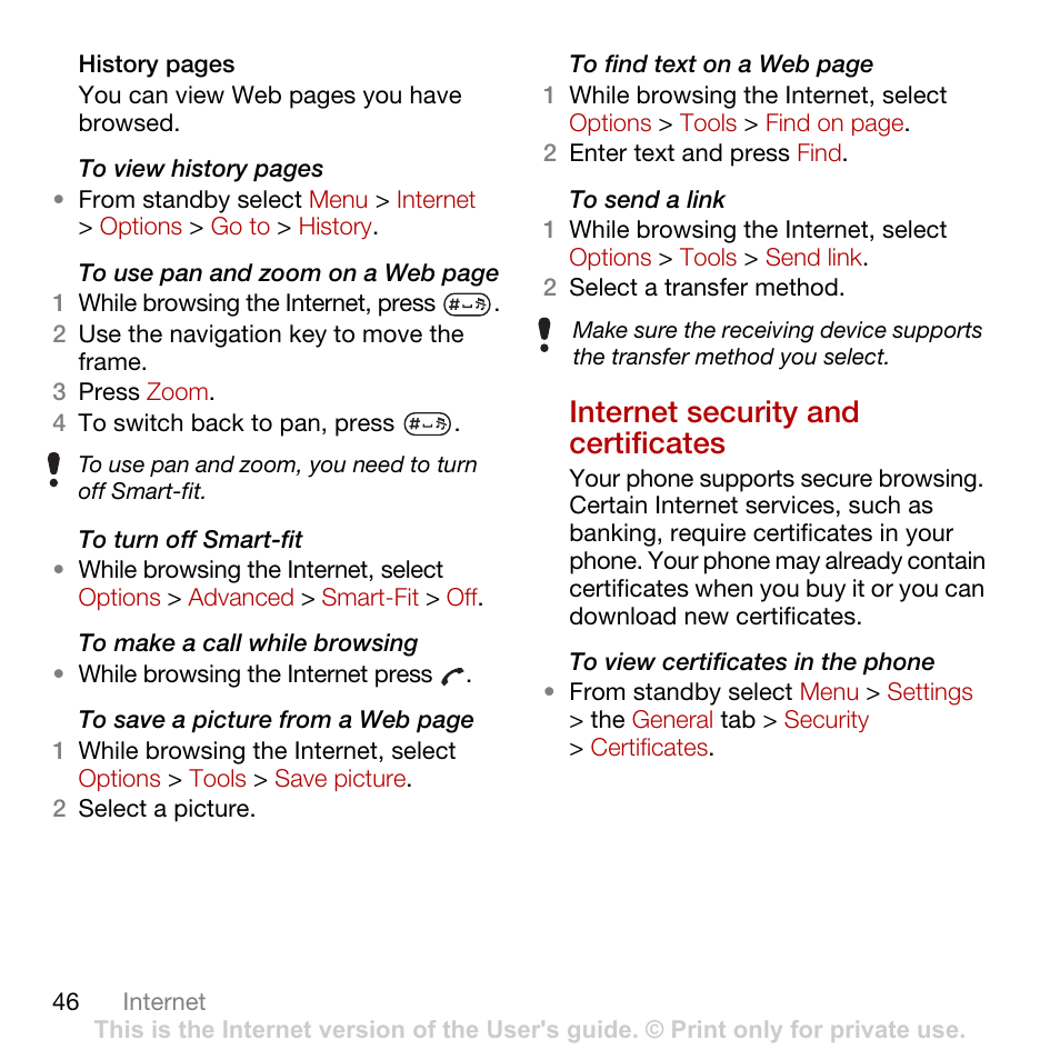 Internet security and certificates | Sony Ericsson Cyber-shot C702 User Manual | Page 48 / 86