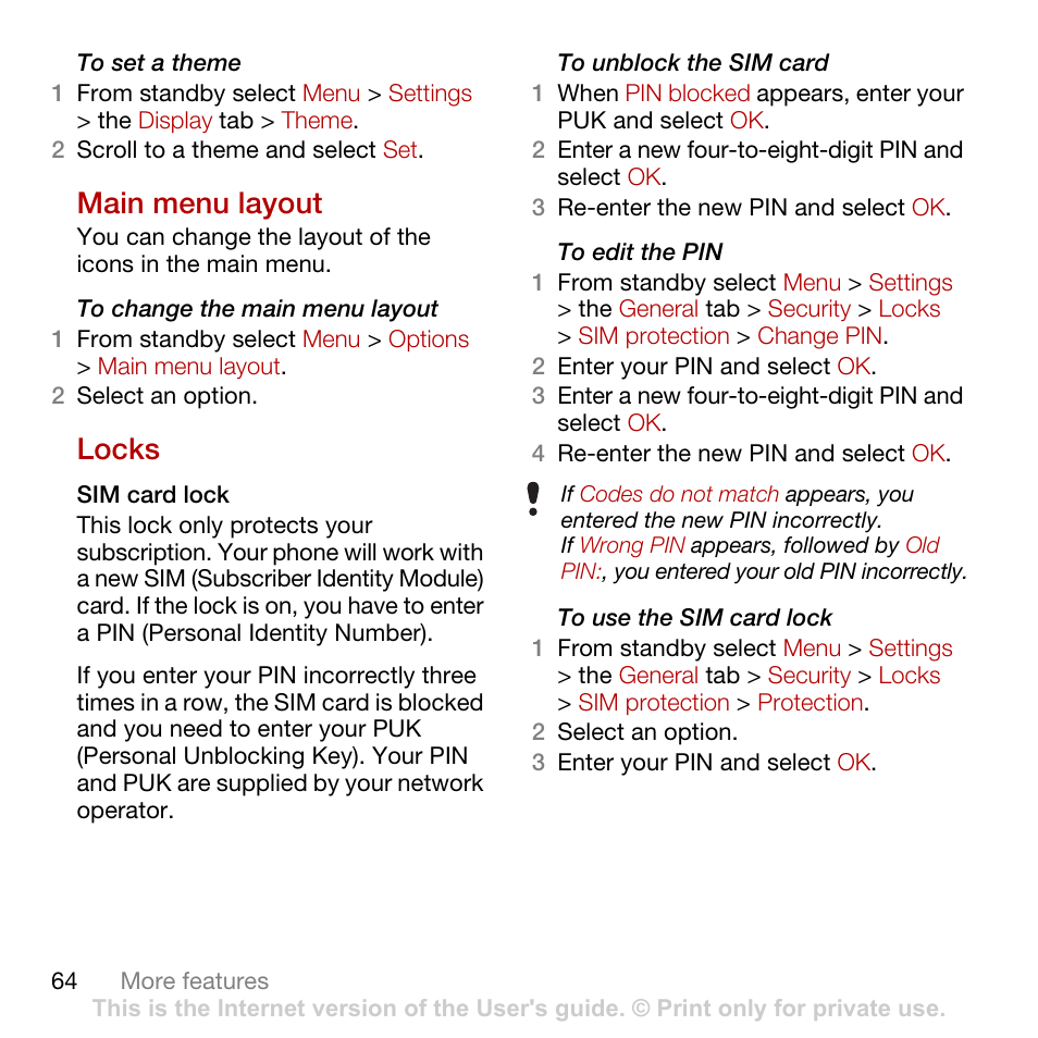 Main menu layout, Locks, See to change the main menu | Layout | Sony Ericsson Cyber-shot C702 User Manual | Page 66 / 86