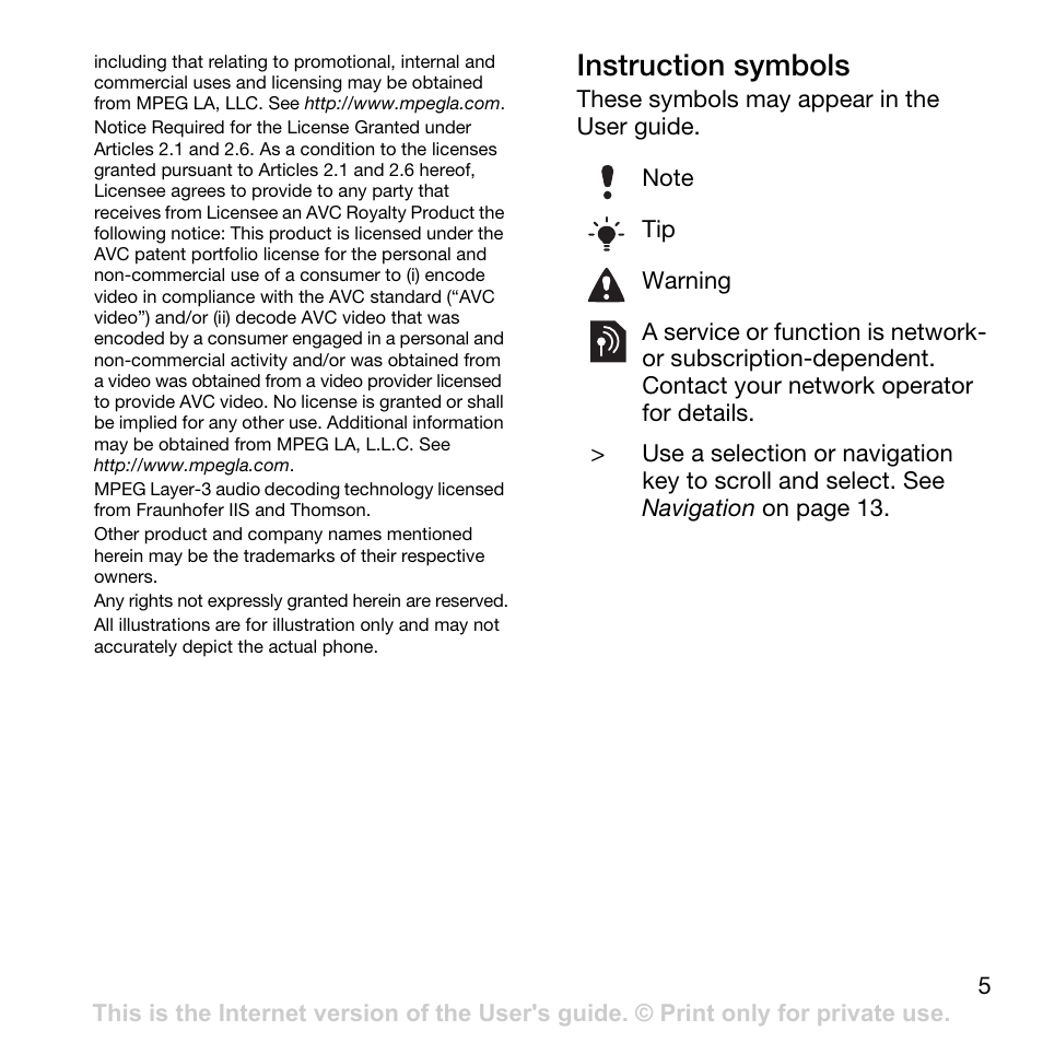 Instruction symbols | Sony Ericsson Cyber-shot C702 User Manual | Page 7 / 86