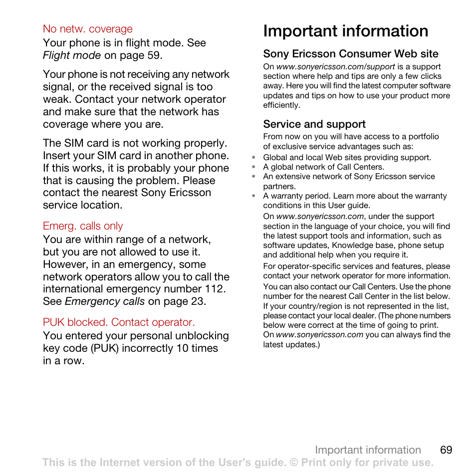 Important information | Sony Ericsson Cyber-shot C702 User Manual | Page 71 / 86