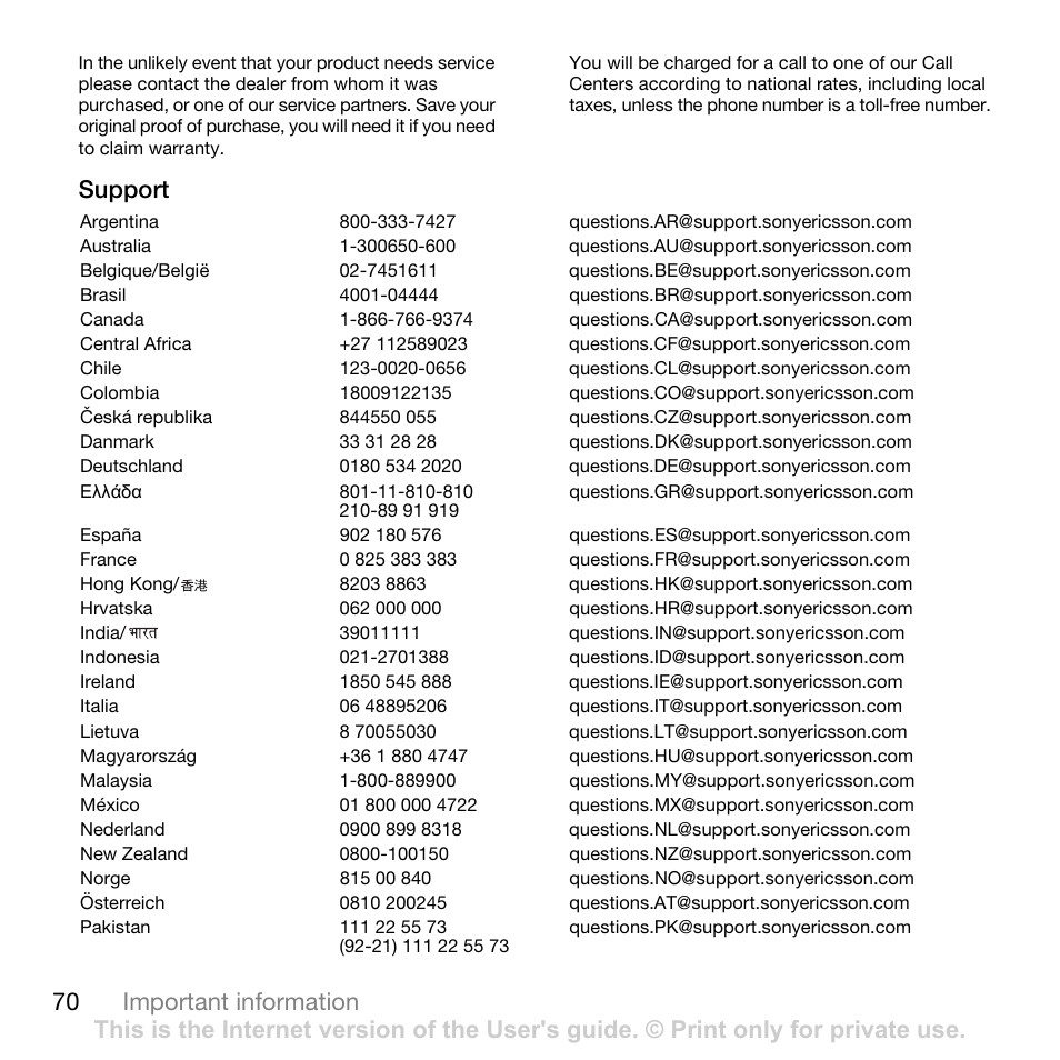 70 important information, Support | Sony Ericsson Cyber-shot C702 User Manual | Page 72 / 86