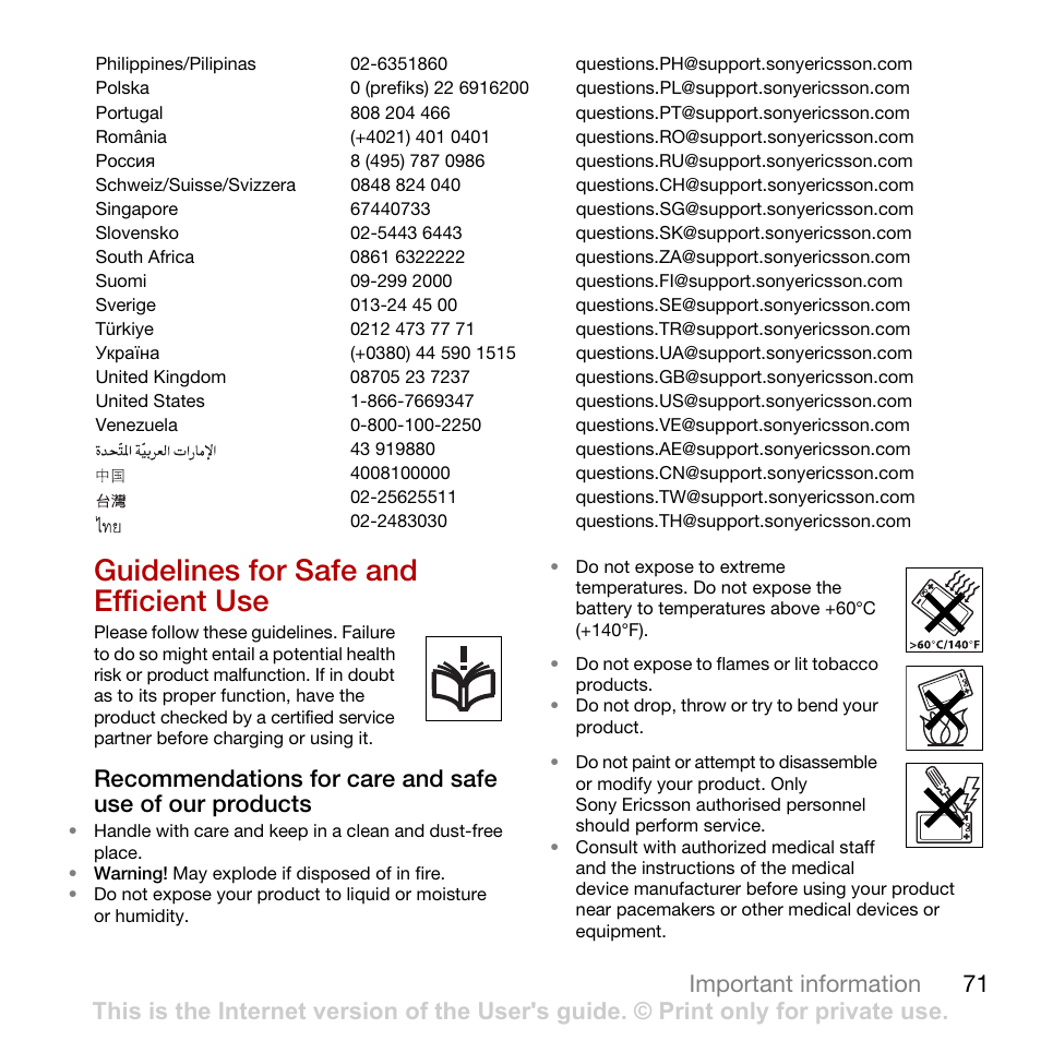 Guidelines for safe and efficient use, Guidelines for safe and, Efficient use | 71 important information | Sony Ericsson Cyber-shot C702 User Manual | Page 73 / 86