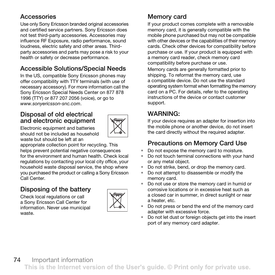 74 important information accessories, Accessible solutions/special needs, Disposing of the battery | Warning | Sony Ericsson Cyber-shot C702 User Manual | Page 76 / 86