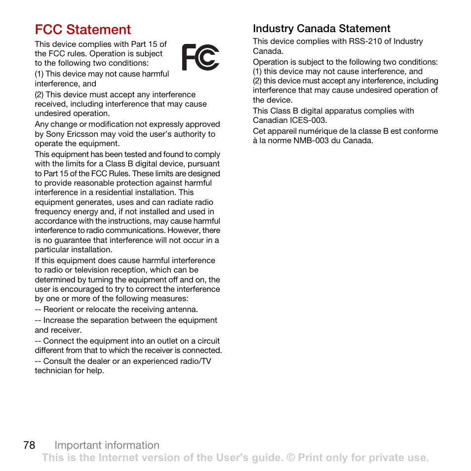 Fcc statement | Sony Ericsson Cyber-shot C702 User Manual | Page 80 / 86