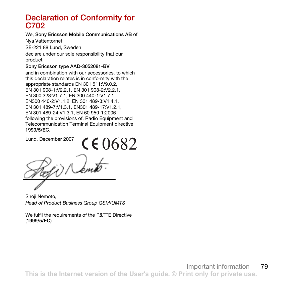 Declaration of conformity for c702 | Sony Ericsson Cyber-shot C702 User Manual | Page 81 / 86