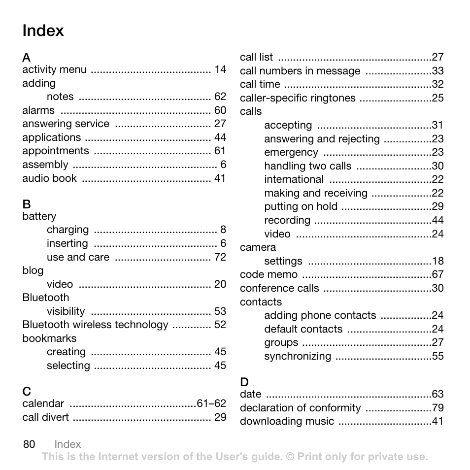 Index | Sony Ericsson Cyber-shot C702 User Manual | Page 82 / 86