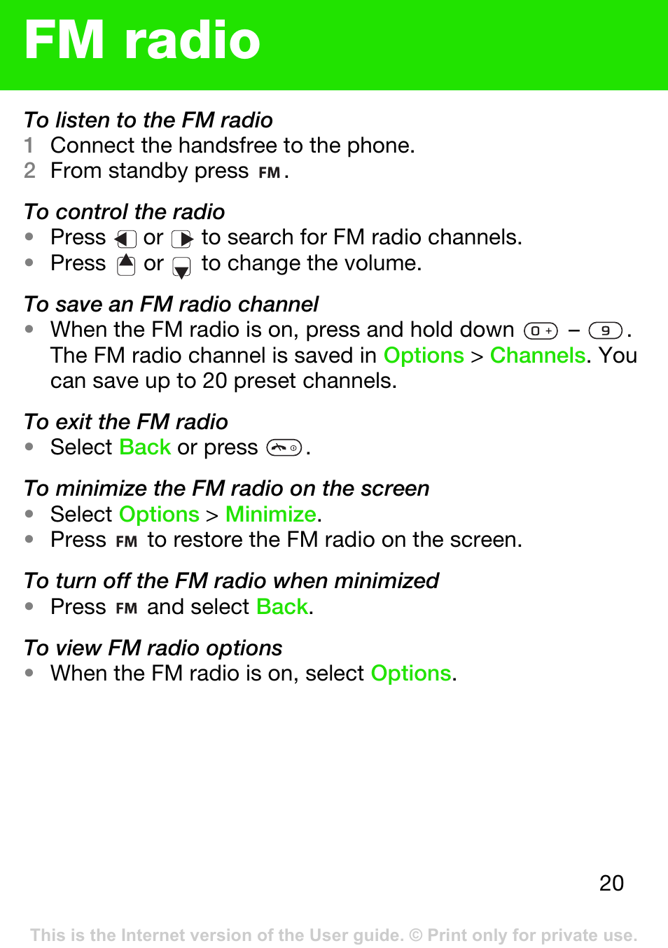 Fm radio | Sony Ericsson K330 User Manual | Page 20 / 41