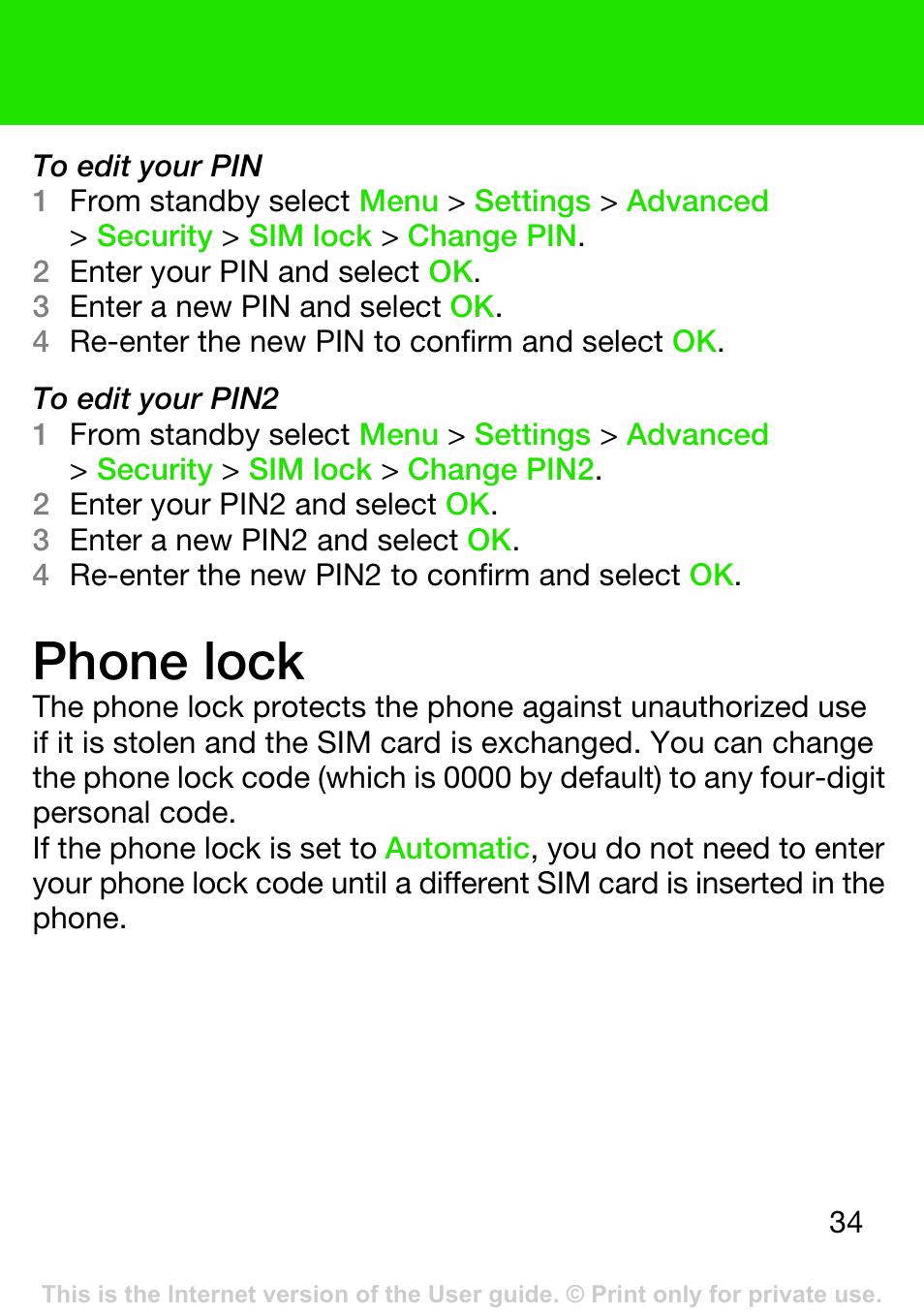 Phone lock | Sony Ericsson K330 User Manual | Page 34 / 41