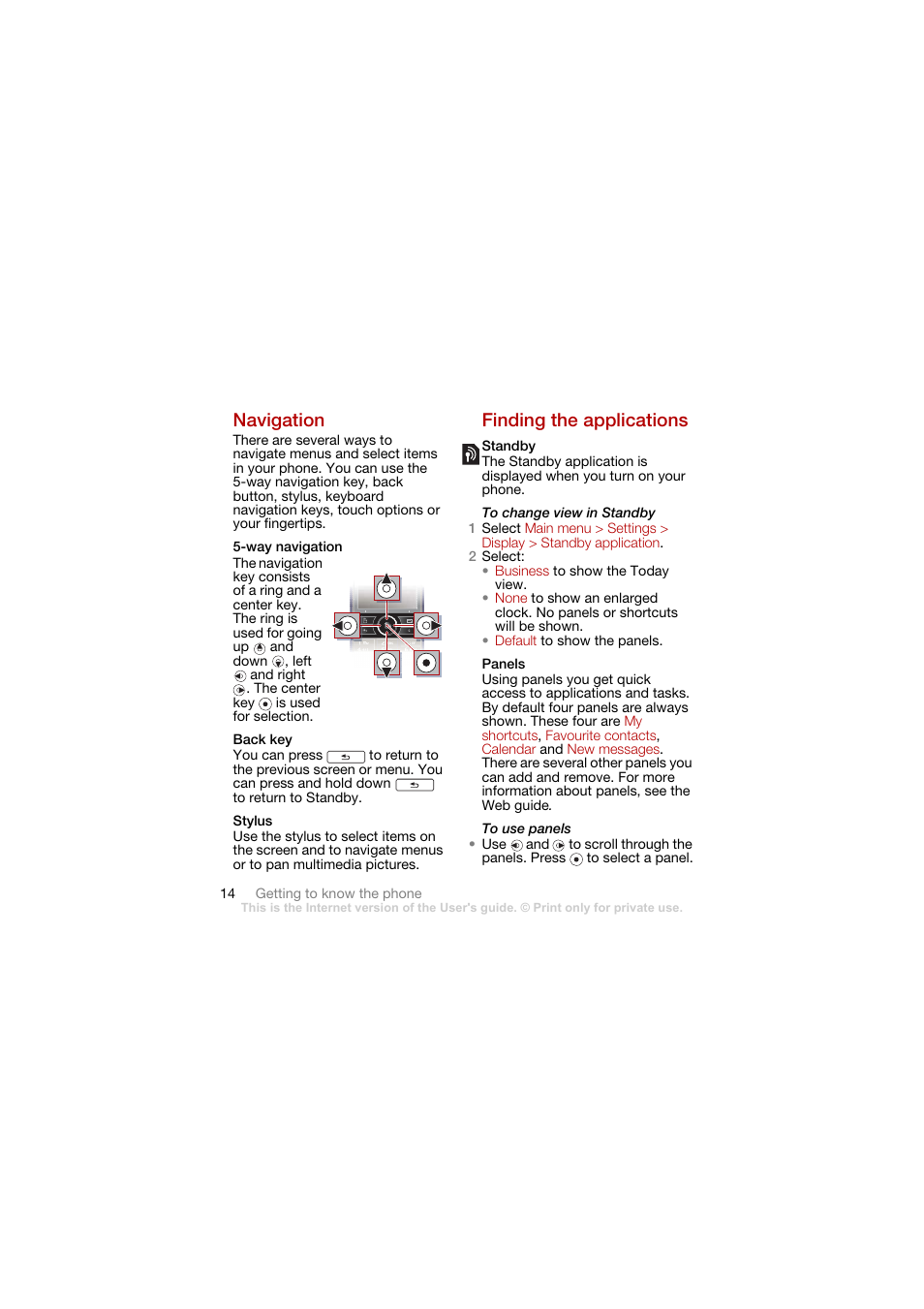 Finding the applications, Navigation finding the applications, Navigation | Sony Ericsson G900 User Manual | Page 16 / 72