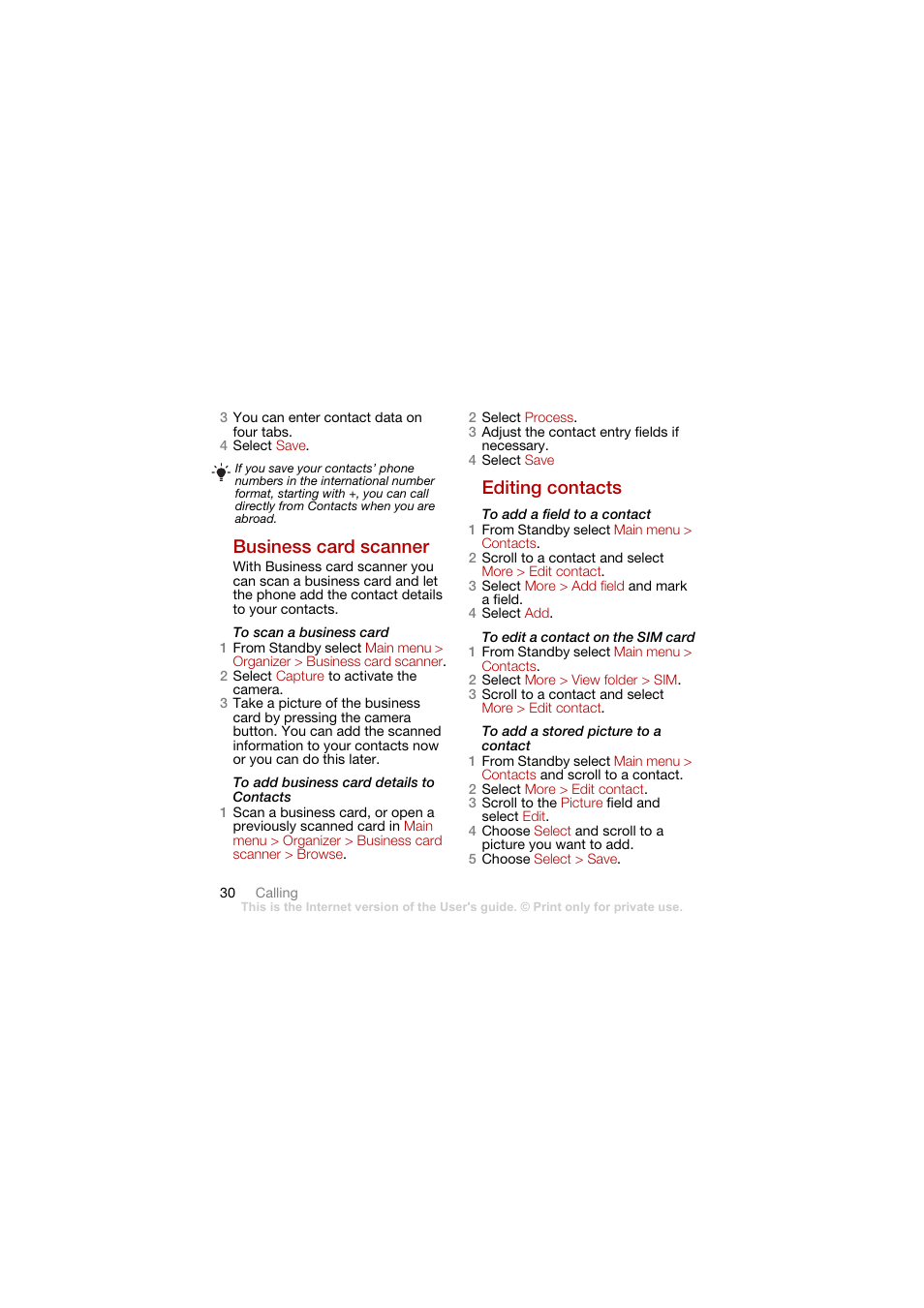 Business card scanner, Editing contacts, Business card scanner editing contacts | Sony Ericsson G900 User Manual | Page 32 / 72