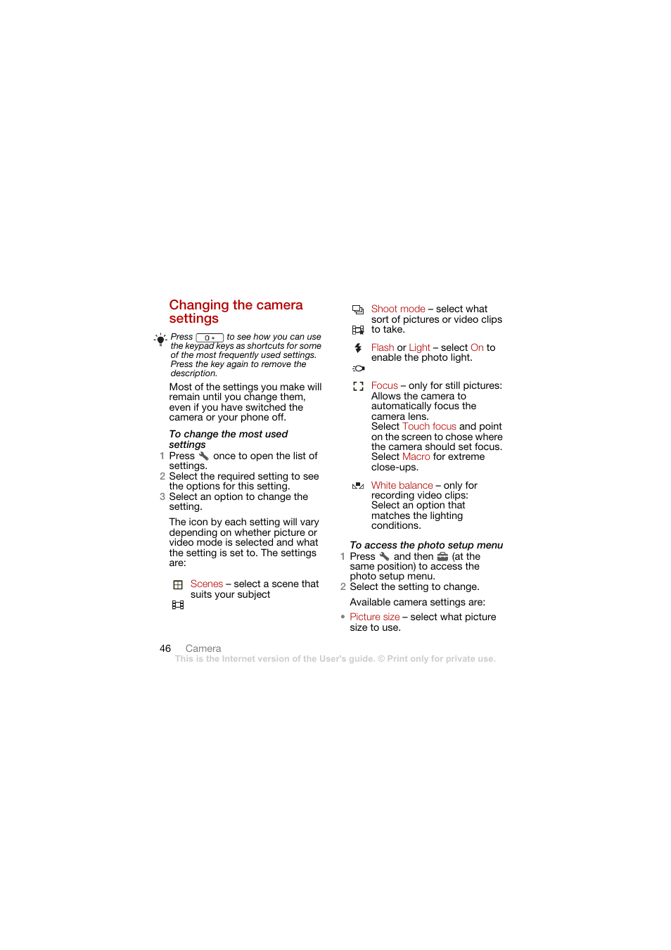 Changing the camera settings, Changing the camera settings 46 | Sony Ericsson G900 User Manual | Page 48 / 72