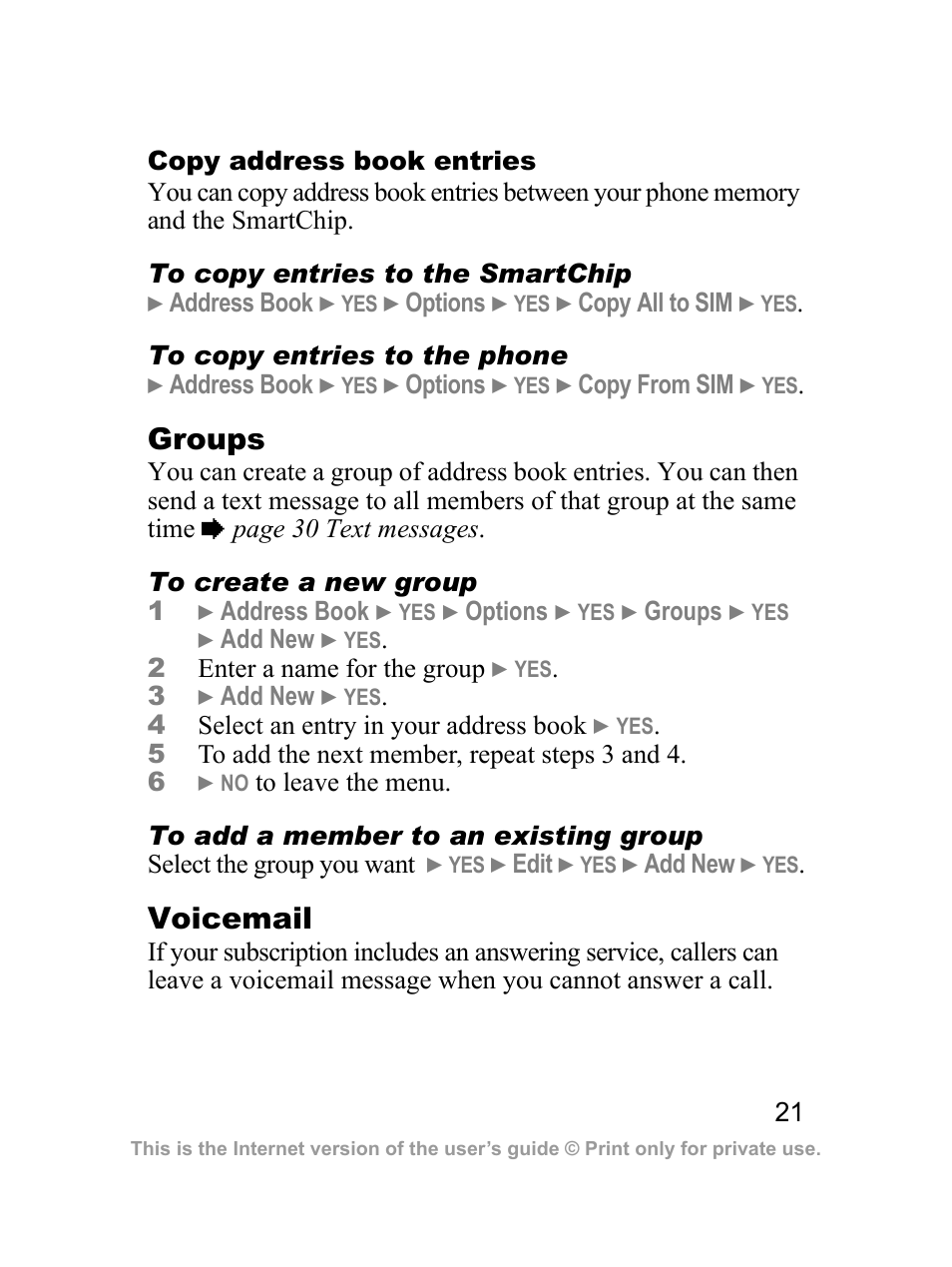 Groups, Voicemail | Sony Ericsson J220a User Manual | Page 22 / 82