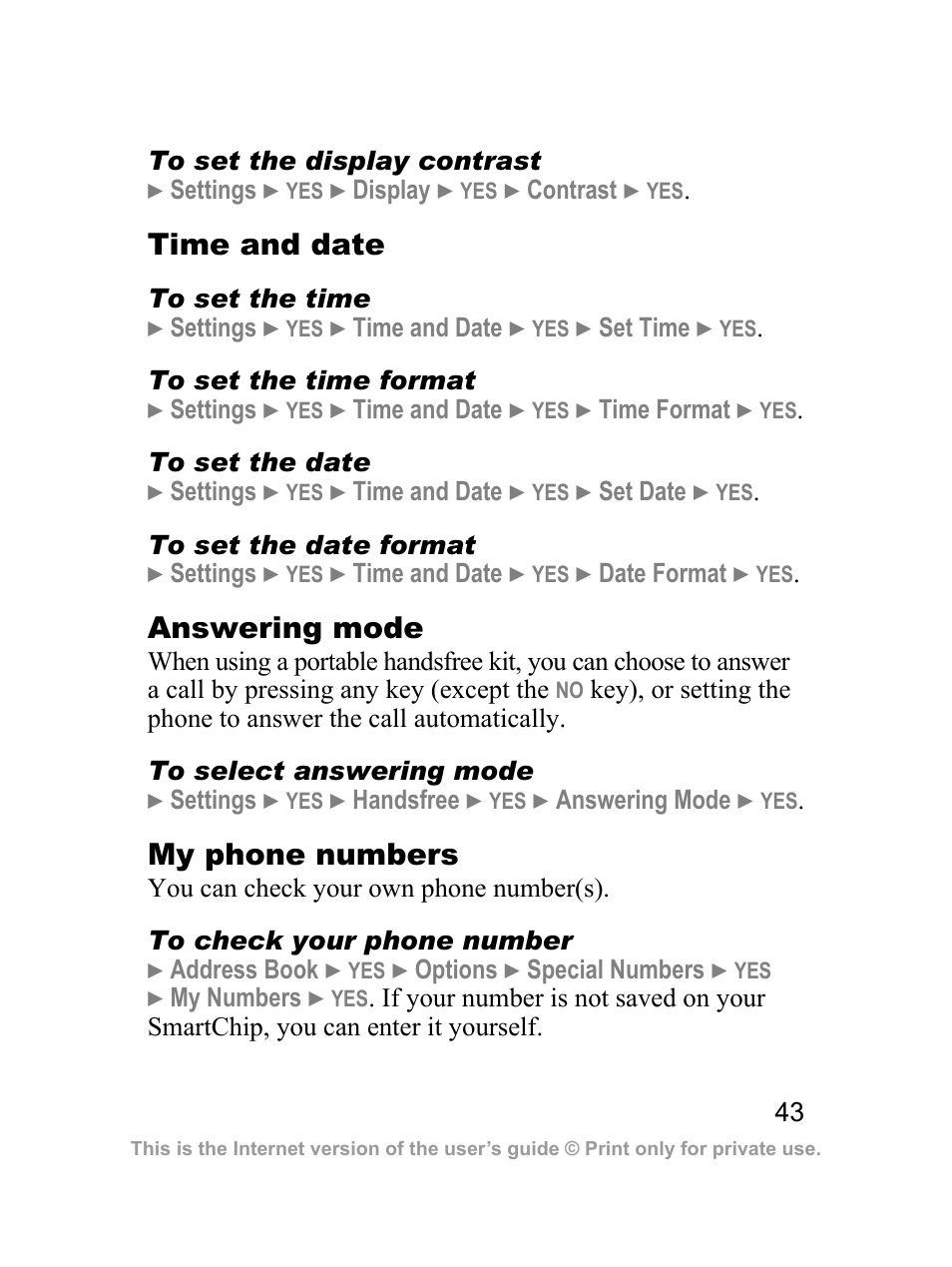 Time and date, Answering mode, My phone numbers | Sony Ericsson J220a User Manual | Page 44 / 82