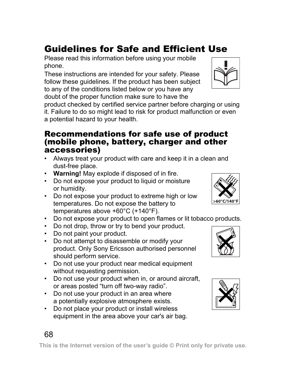 Guidelines for safe and efficient use | Sony Ericsson J220a User Manual | Page 69 / 82