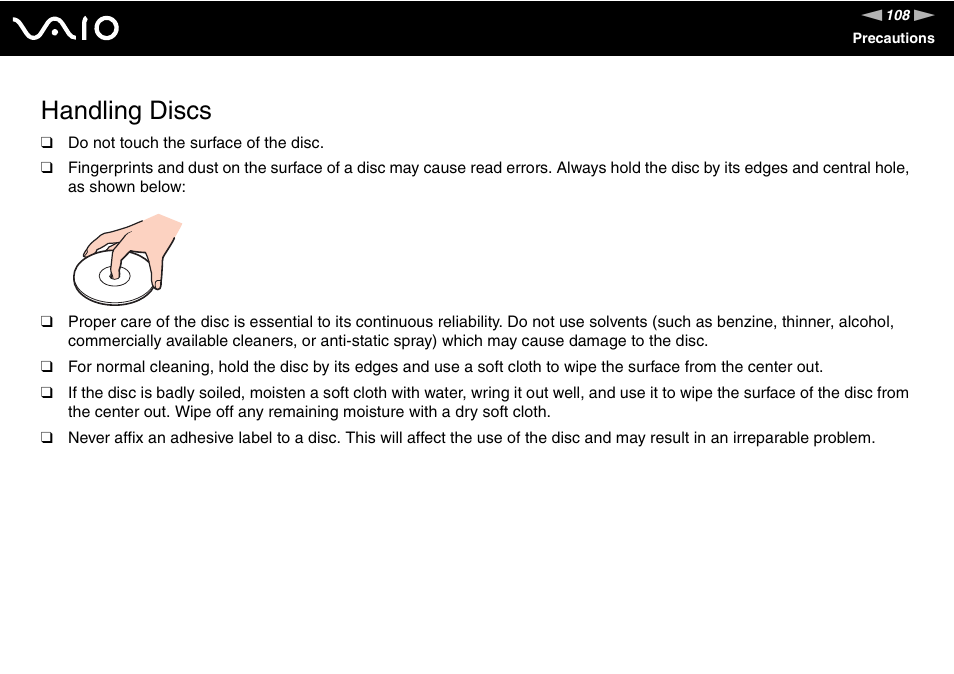 Handling discs | Sony VGN-NS150J User Manual | Page 108 / 171