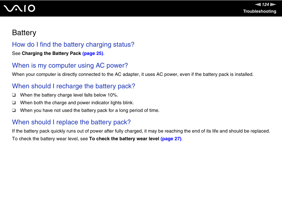 Battery, How do i find the battery charging status, When is my computer using ac power | When should i recharge the battery pack, When should i replace the battery pack | Sony VGN-NS150J User Manual | Page 124 / 171