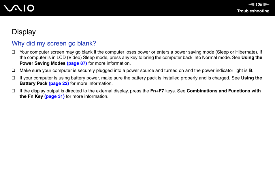 Display, Why did my screen go blank | Sony VGN-NS150J User Manual | Page 138 / 171