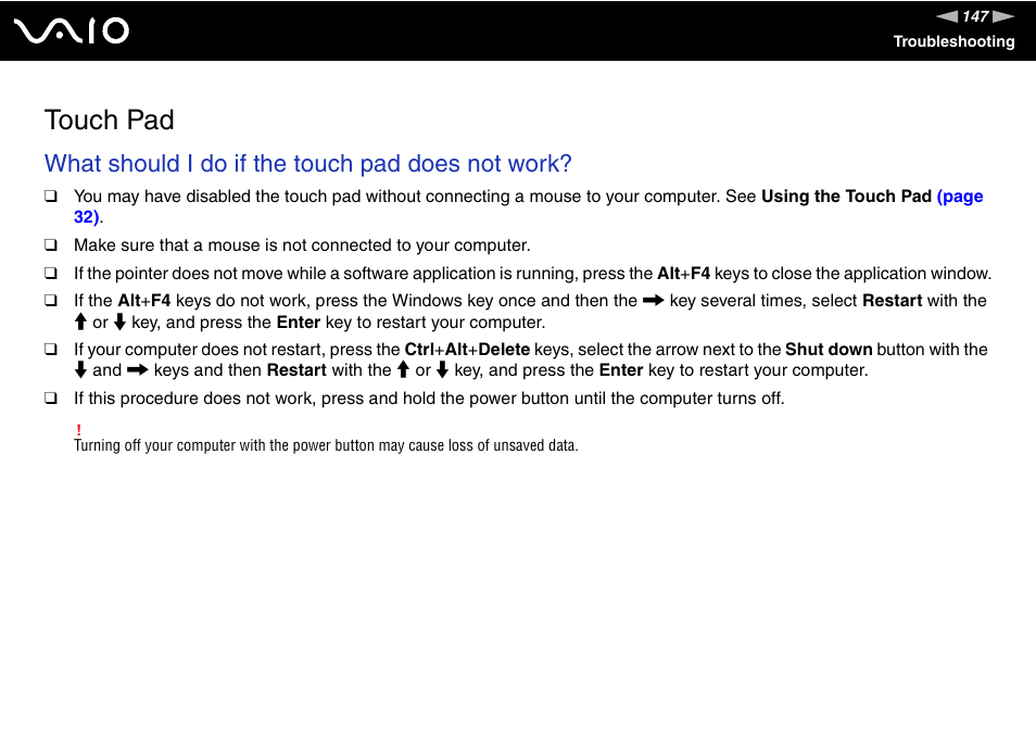 Touch pad, What should i do if the touch pad does not work | Sony VGN-NS150J User Manual | Page 147 / 171