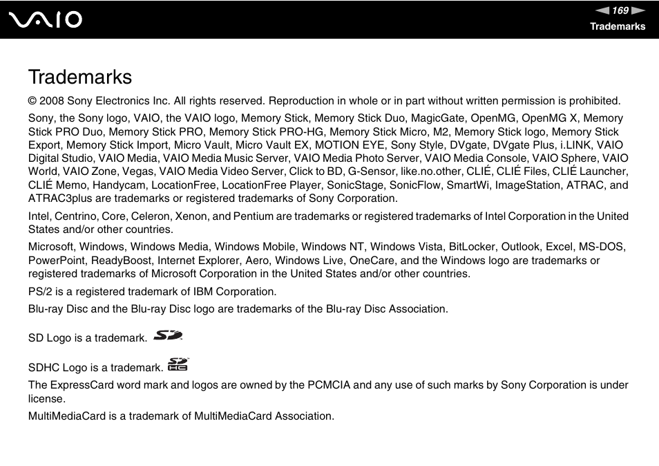 Trademarks | Sony VGN-NS150J User Manual | Page 169 / 171