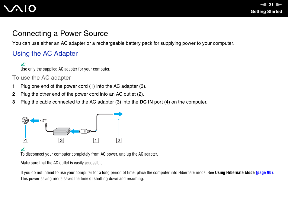 Connecting a power source, Using the ac adapter | Sony VGN-NS150J User Manual | Page 21 / 171