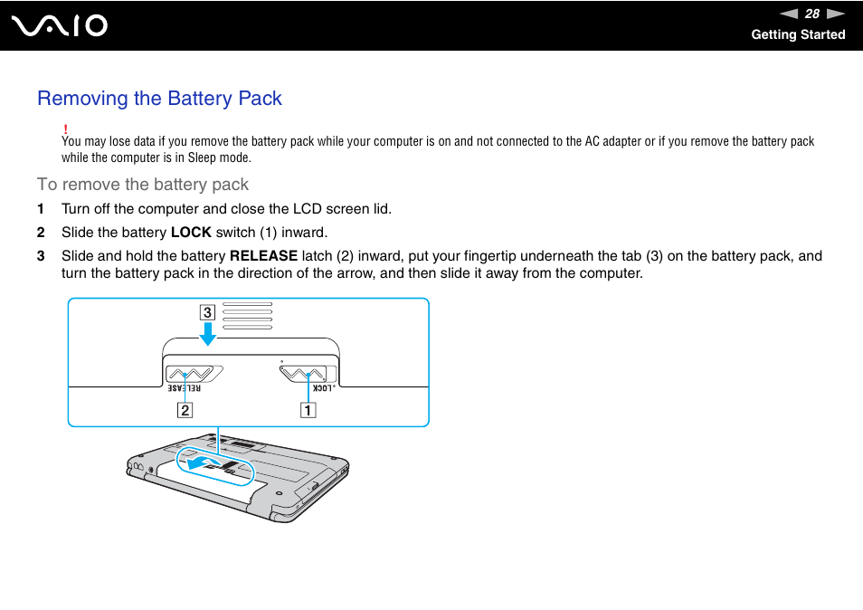 Removing the battery pack | Sony VGN-NS150J User Manual | Page 28 / 171