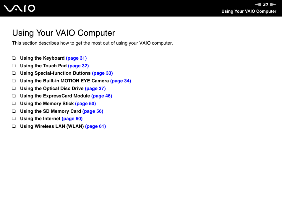 Using your vaio computer | Sony VGN-NS150J User Manual | Page 30 / 171