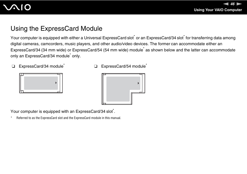 Using the expresscard module | Sony VGN-NS150J User Manual | Page 46 / 171