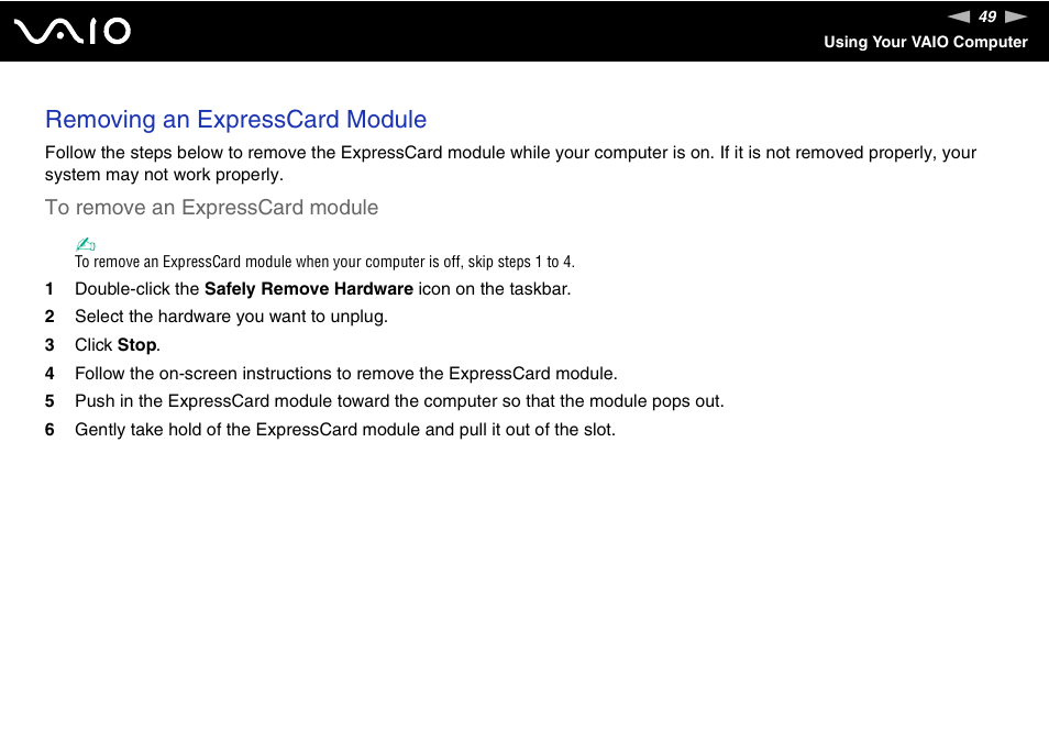 Removing an expresscard module | Sony VGN-NS150J User Manual | Page 49 / 171