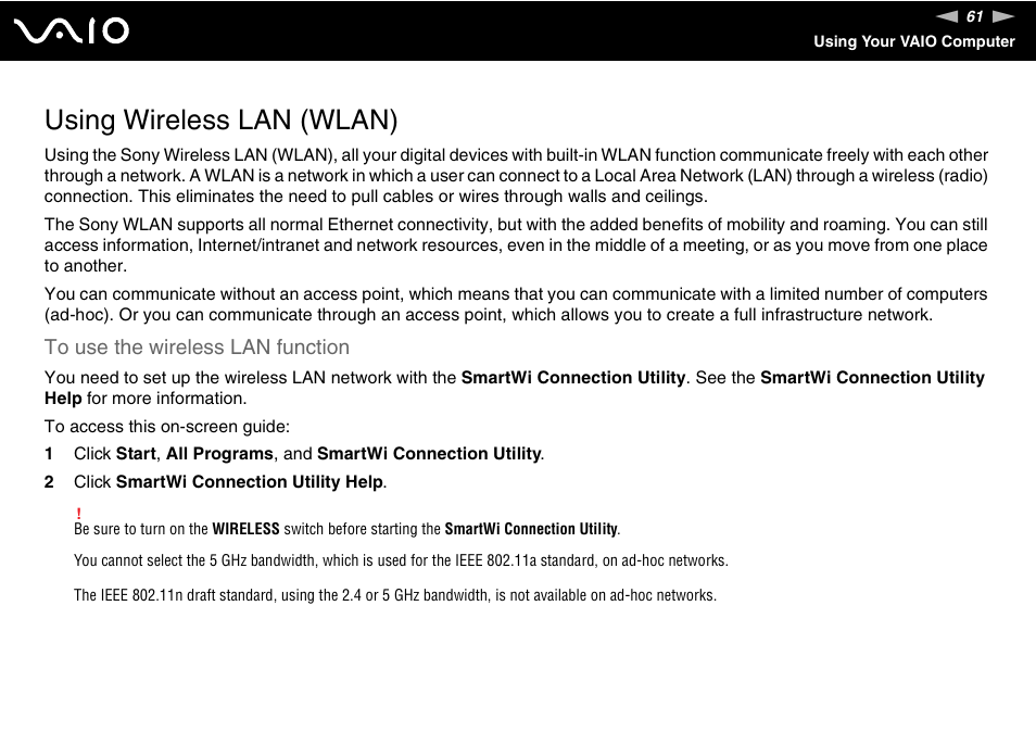 Using wireless lan (wlan) | Sony VGN-NS150J User Manual | Page 61 / 171