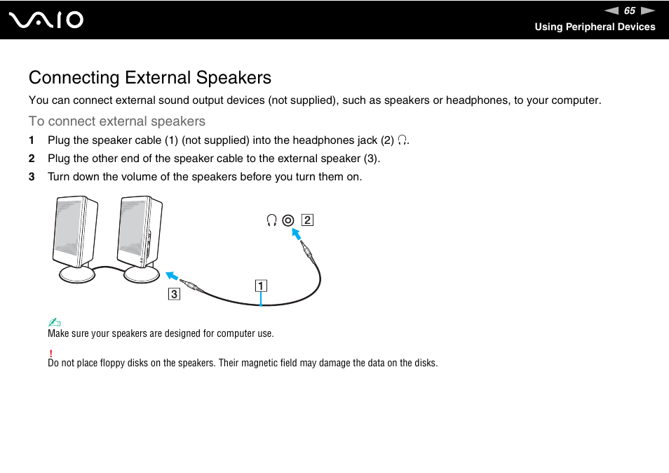 Connecting external speakers | Sony VGN-NS150J User Manual | Page 65 / 171