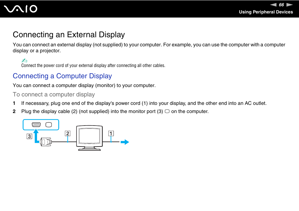 Connecting an external display, Connecting a computer display | Sony VGN-NS150J User Manual | Page 66 / 171