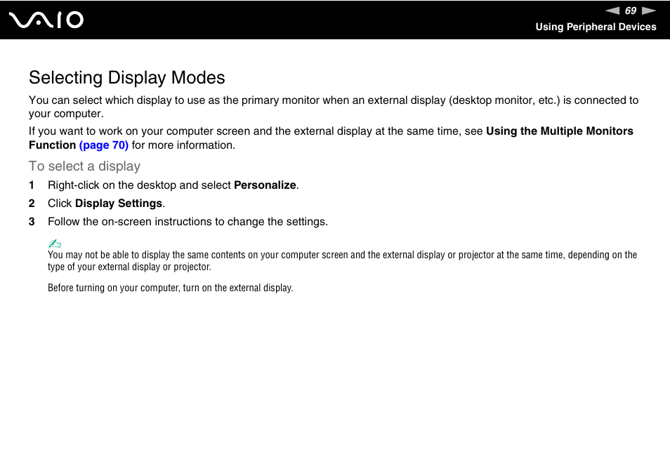 Selecting display modes | Sony VGN-NS150J User Manual | Page 69 / 171