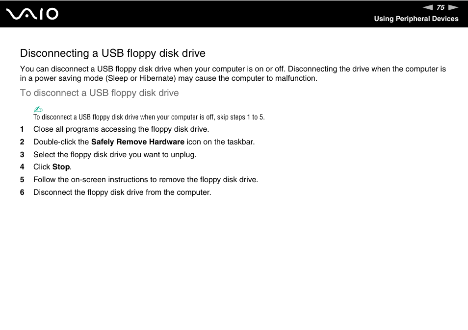 Disconnecting a usb floppy disk drive | Sony VGN-NS150J User Manual | Page 75 / 171