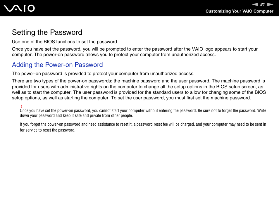 Setting the password, Adding the power-on password | Sony VGN-NS150J User Manual | Page 81 / 171