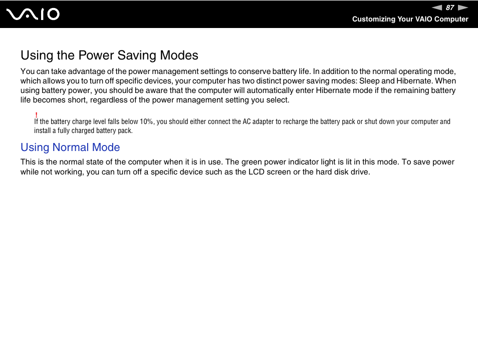 Using the power saving modes, Using normal mode | Sony VGN-NS150J User Manual | Page 87 / 171