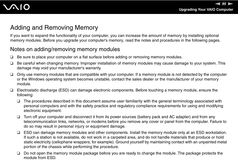 Adding and removing memory | Sony VGN-NS150J User Manual | Page 95 / 171