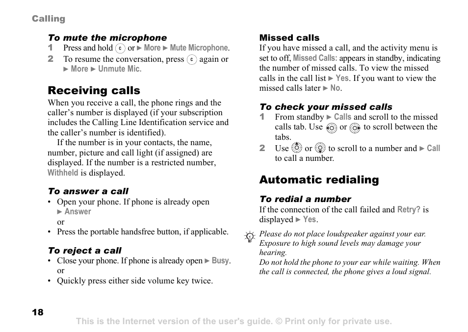 Receiving calls, Automatic redialing | Sony Ericsson Z525a User Manual | Page 19 / 101