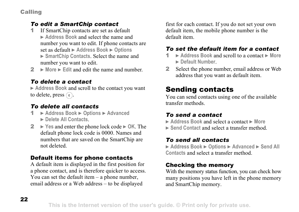 Sending contacts | Sony Ericsson Z525a User Manual | Page 23 / 101