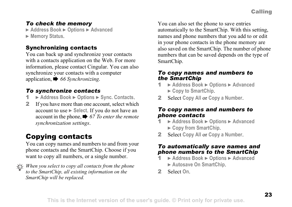 Copying contacts | Sony Ericsson Z525a User Manual | Page 24 / 101