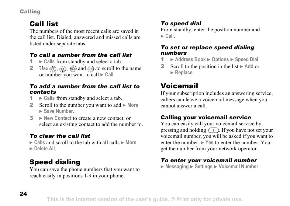 24 call list, Call list, Speed dialing | Voicemail | Sony Ericsson Z525a User Manual | Page 25 / 101