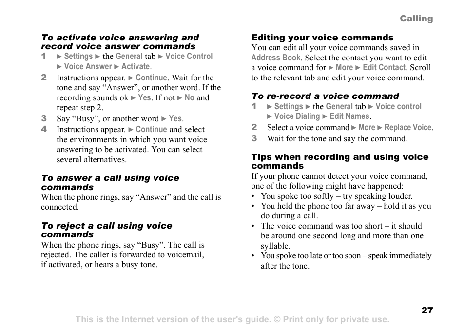 27 tips when recording and, Using voice commands | Sony Ericsson Z525a User Manual | Page 28 / 101