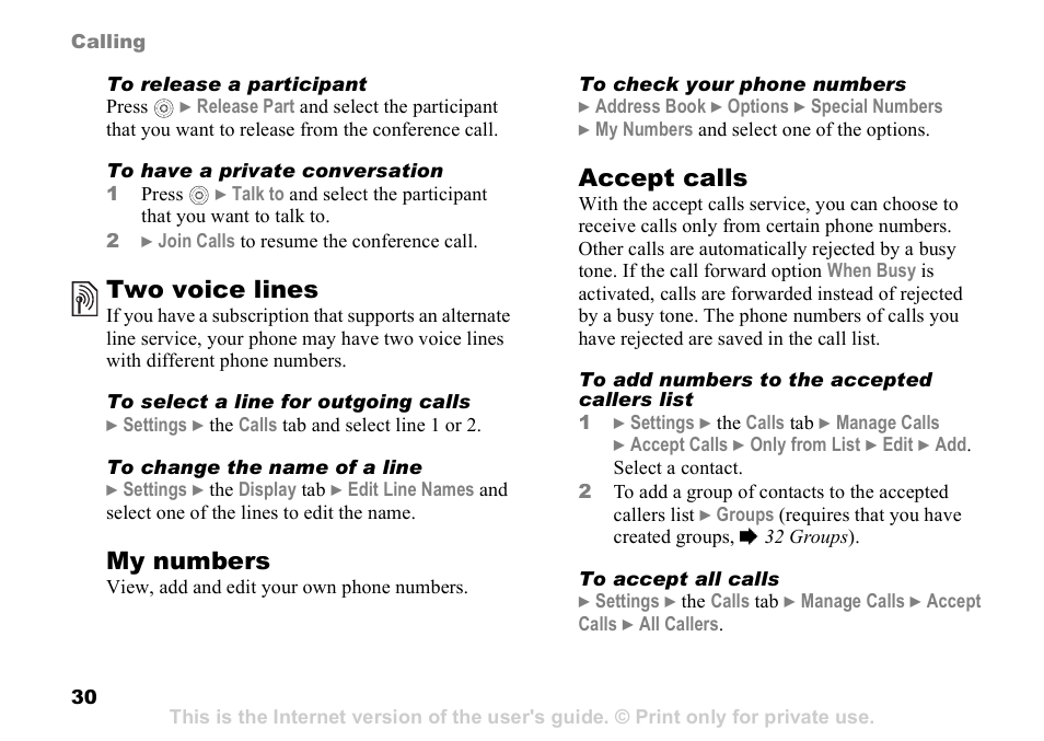 Two voice lines, My numbers, Accept calls | Sony Ericsson Z525a User Manual | Page 31 / 101