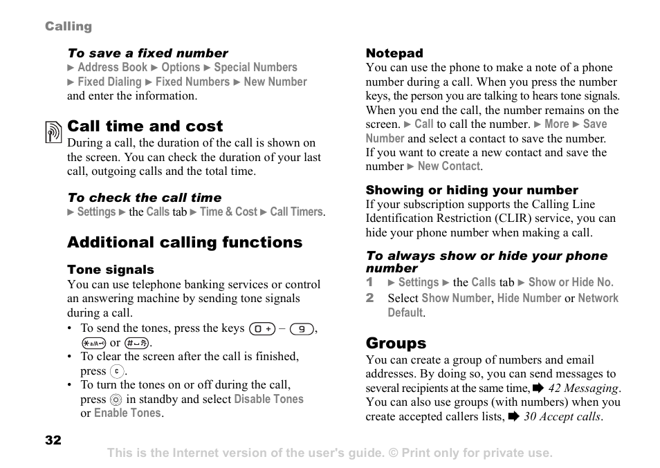 Call time and cost, Additional calling functions, Groups | Sony Ericsson Z525a User Manual | Page 33 / 101